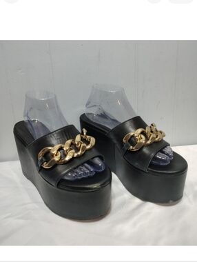 ALOHAS Black Leather Chunk Chain Platform Sandals Wedge Mule Size 8 Revolve